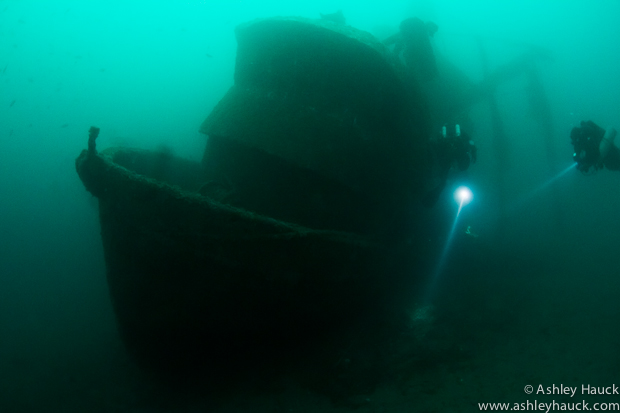 Rebreather divers at the wreck of the Infidel