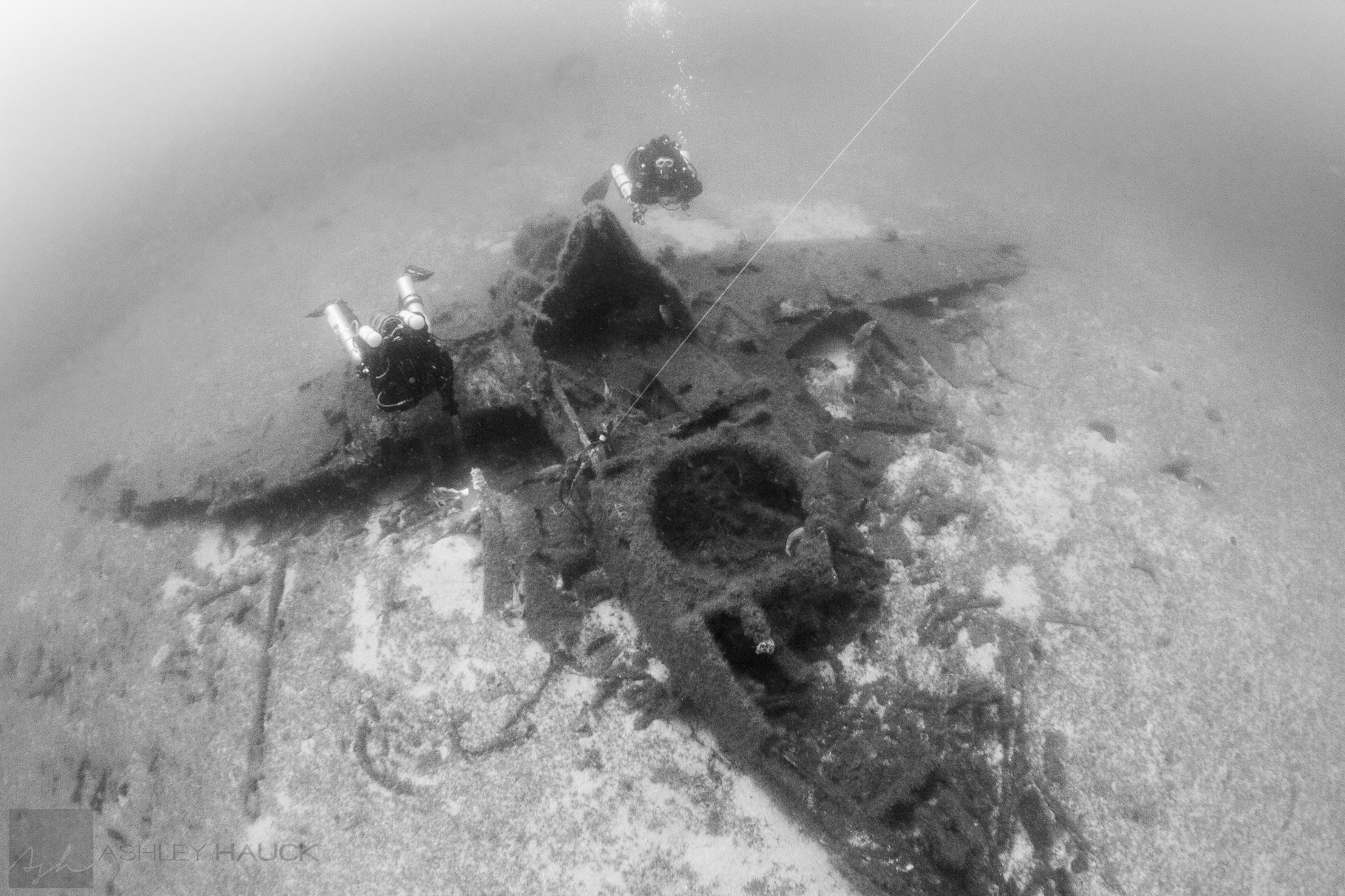 The TBM/TBF Avenger wreck in Anacapa with two rebreather divers on it.